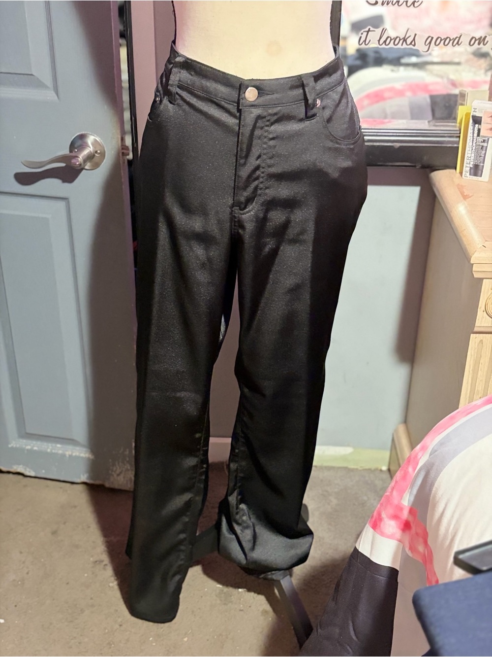 NWOT Y2K Fashion Bug Black Satin Straight-Leg Pants 👖 Trousers-14